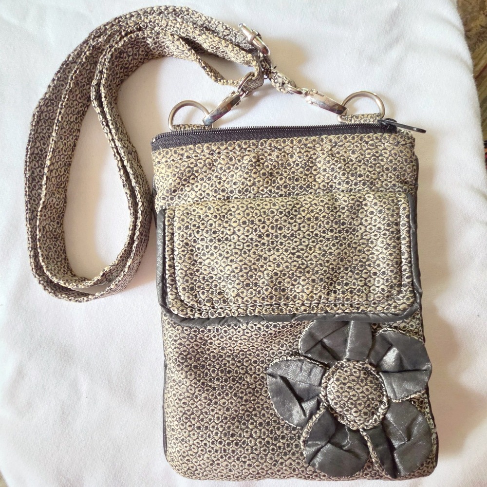 Crossbody Berkshire Messenger Bag Brown Beige Geometric Pattern Flower Accent